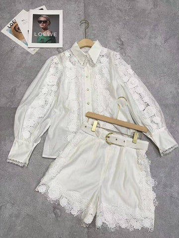 New Temperament Hollow Embroidered Lantern Sleeve Tops Shorts With Belt Belt Waist